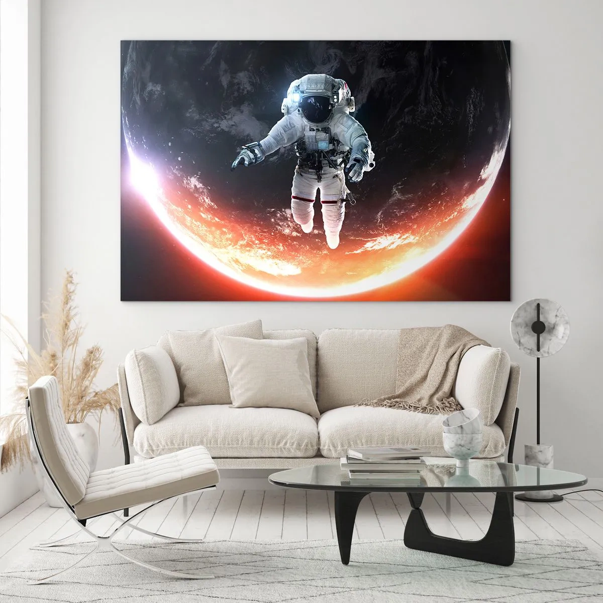 Glasbild - Bild auf glas - Astronaut im Weltraum mit einem Planeten im Hintergrund - 70x50cm - Kann ich noch eine Weile bleiben? - Moderne Wanddekoration für Wohnzimmer und Schlafzimmer ARTTOR
