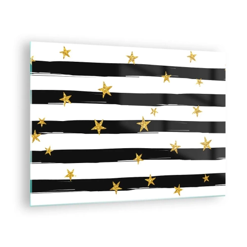 Glasbild - Bild auf glas - Schwarz-weiße Streifen mit goldenen Sternen - 70x50cm - Wir wurden alle unter einem glücklichen Stern geboren - Moderne Wanddekoration für Wohnzimmer und Schlafzimmer ARTTOR