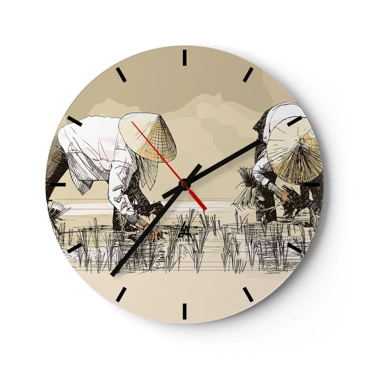 Wanduhr - Glasuhr - Ein Cartoon-Motiv von Bauern bei der Arbeit auf einem Reisfeld in Beigetönen. - 30x30cm - Erfolgreiche Ernte - Moderne Wanddekoration für Wohnzimmer, Küche und Schlafzimmer ARTTOR