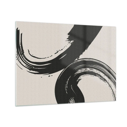 Glasbild - Bild auf glas - Schwarze, dynamische kalligrafische Pinselstriche auf hellem Hintergrund. - 70x50cm - Ausladend und kreisförmig - Moderne Wanddekoration für Wohnzimmer und Schlafzimmer ARTTOR