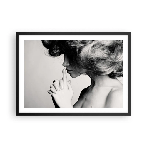 Poster in einem schwarzem Rahmen - Schwarz-weißes Profil einer Frau, die Stille gestikuliert - 70x50cm - Auf sich selbst hören - Moderne Wanddekoration für Wohnzimmer und Schlafzimmer ARTTOR