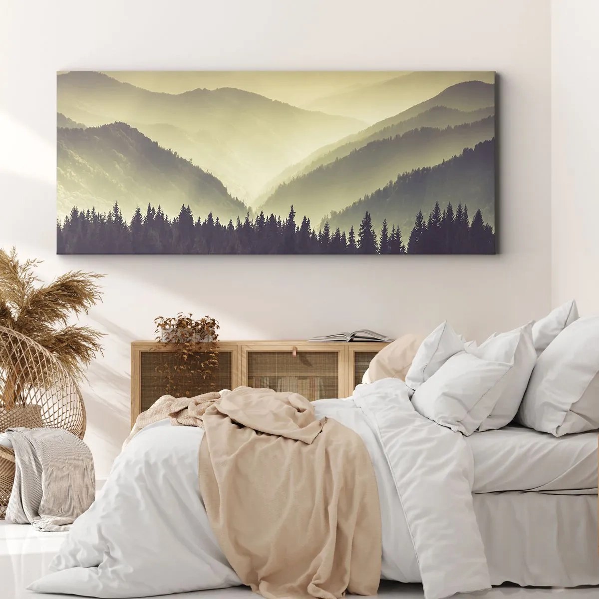 Bild auf Leinwand - Leinwandbild - Malerische Bergketten im Nebel in warmem Licht - 120x50cm - Hinter den sieben Bergen ... - Moderne Wanddekoration für Wohnzimmer und Schlafzimmer ARTTOR