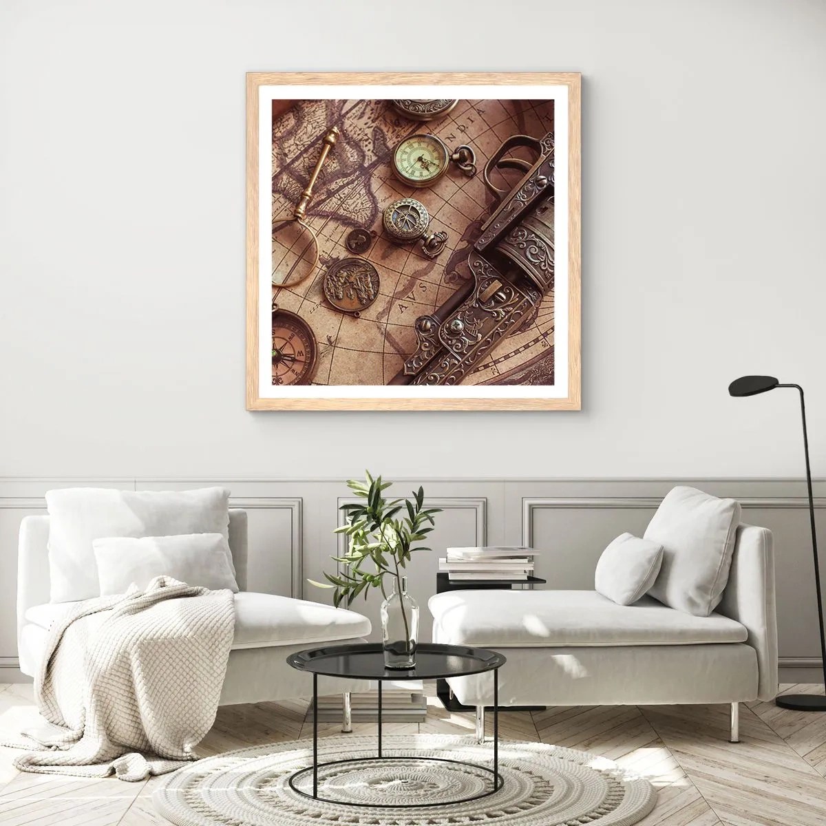 Poster in einem Rahmen aus heller Eiche - Das Abenteuer ruft - 40x40 cm