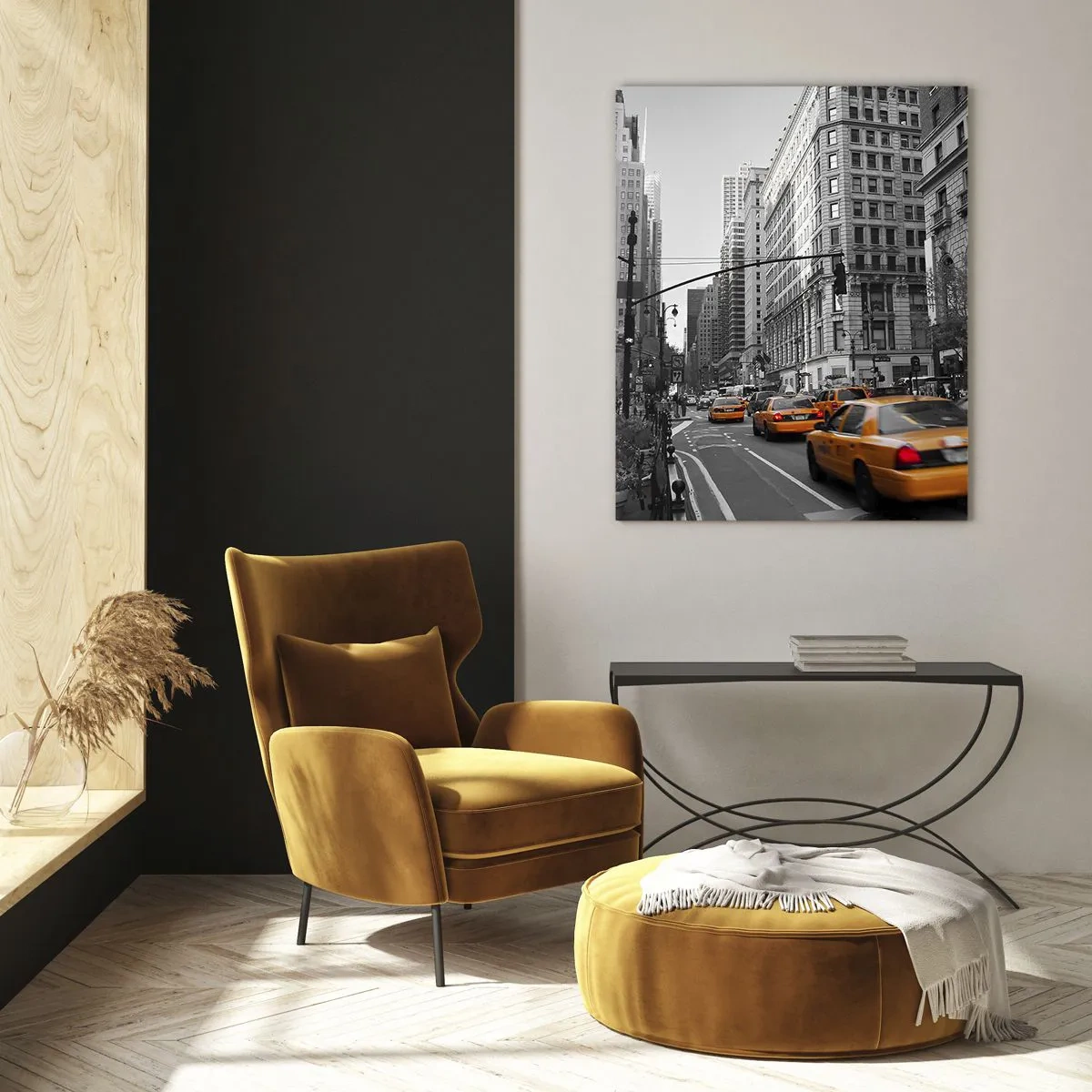 Glasbild - Bild auf glas - Gelbe Taxis auf den Straßen von New York - 70x100cm - Sonnen der Großstadt - Moderne Wanddekoration für Wohnzimmer und Schlafzimmer ARTTOR