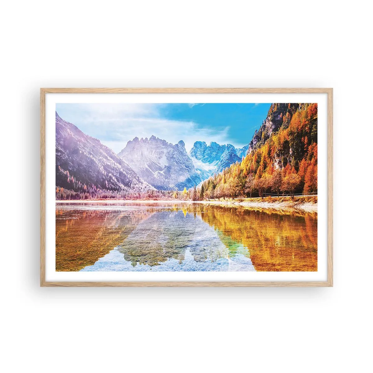 Poster in einem Rahmen aus heller Eiche - Und in den Bergen ist es schon Herbst - 91x61 cm