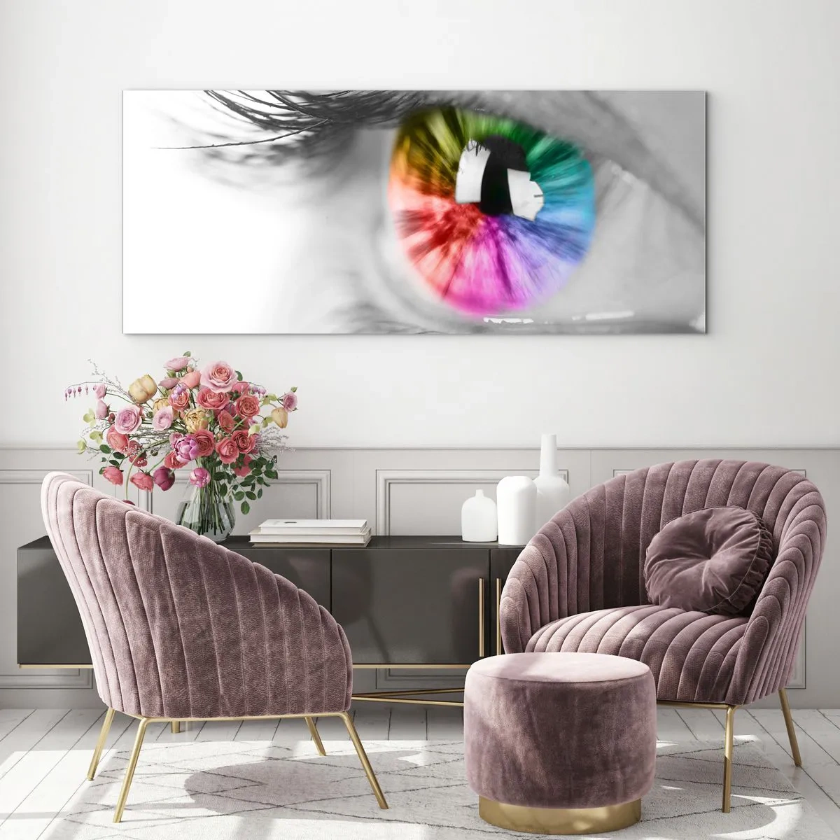 Glasbild - Bild auf glas - Künstlerische Aufnahme eines Auges mit einer Regenbogeniris auf grauem Hintergrund - 160x50cm - Schau dir die Welt in Farbe an - Moderne Wanddekoration für Wohnzimmer und Schlafzimmer ARTTOR