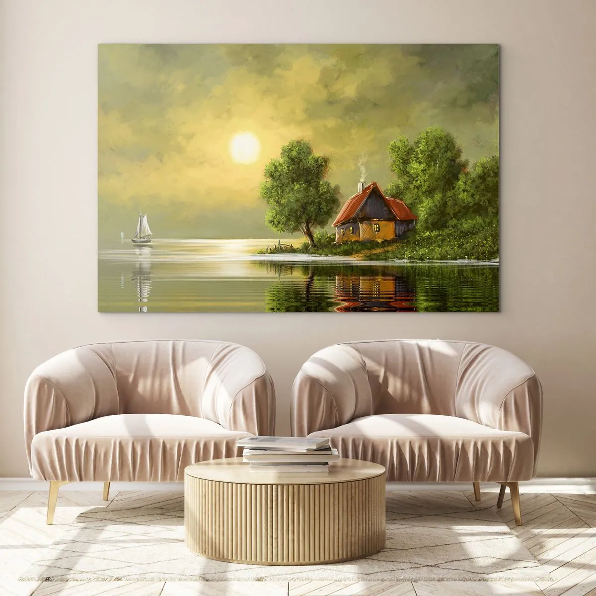 Glasbild - Bild auf glas - Eine malerische Landschaft mit einem Häuschen am See bei Sonnenuntergang - 120x80cm - Schön, wie ein Bild - Moderne Wanddekoration für Wohnzimmer und Schlafzimmer ARTTOR