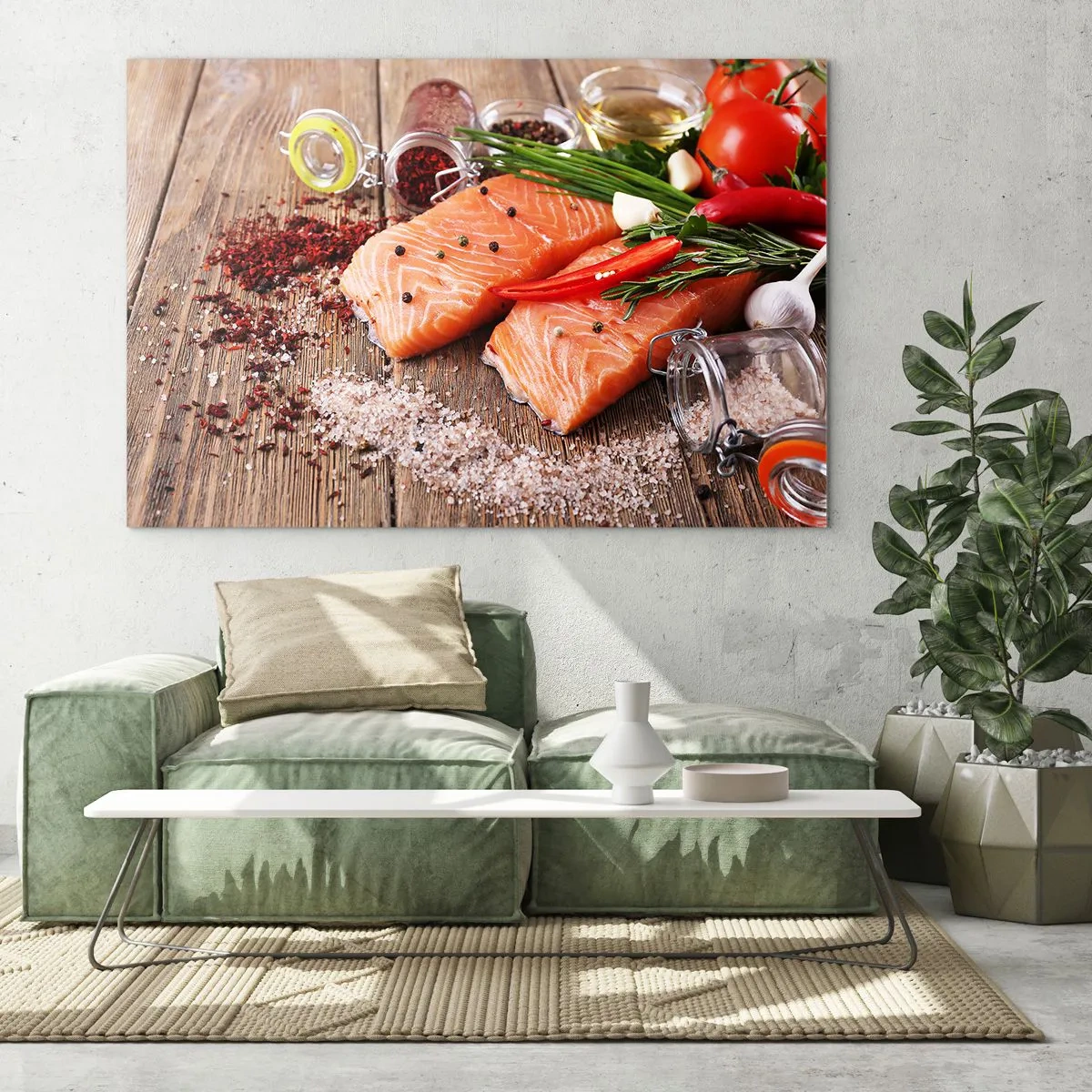 Glasbild - Bild auf glas - Lachsfilets mit Gewürzen auf einer Holzarbeitsplatte - 70x50cm - Norwegisches Abenteuer in der Küche - Moderne Wanddekoration für Wohnzimmer und Schlafzimmer ARTTOR