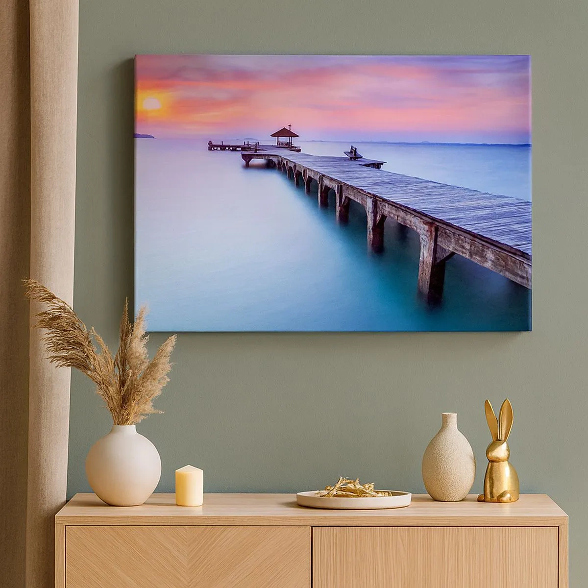 Bild auf Leinwand - Leinwandbild - Holzsteg, der bei Sonnenuntergang auf das Wasser hinausführt - 70x50cm - Ein Meer der Ruhe bis zum Horizont - Moderne Wanddekoration für Wohnzimmer und Schlafzimmer ARTTOR