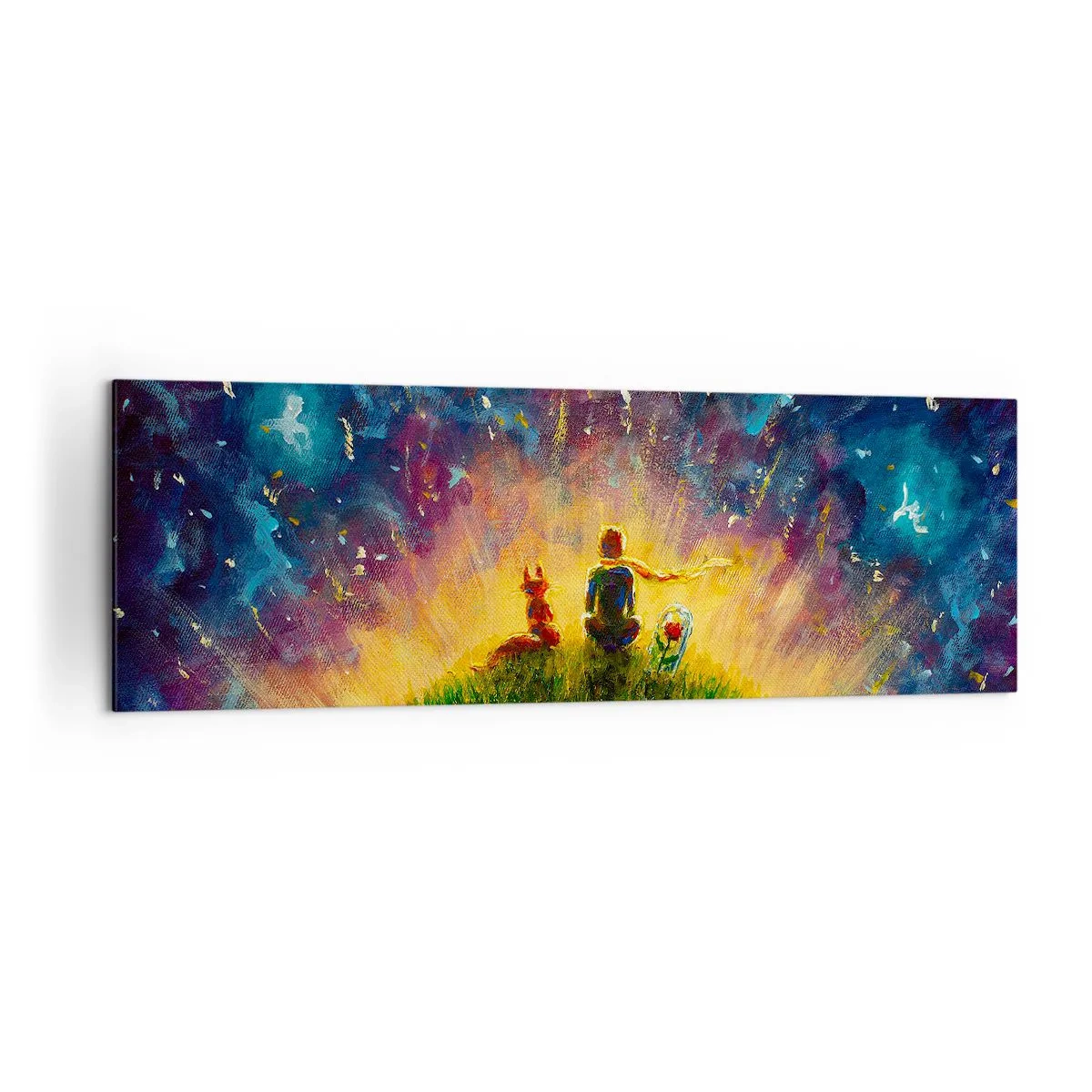 Bild auf Leinwand - Leinwandbild - Figuren auf einem grünen Hügel, umgeben von einem Sternenhimmel - 160x50cm - Liebe und Freundschaft - die ganze Welt - Moderne Wanddekoration für Wohnzimmer und Schlafzimmer ARTTOR