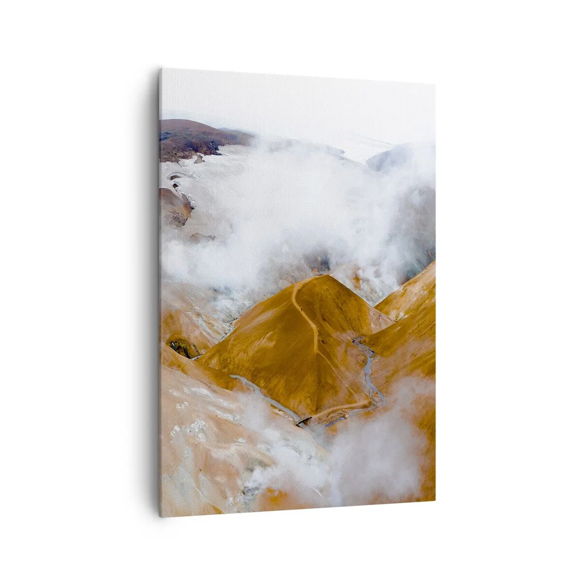 Bild auf Leinwand - Leinwandbild - Eine Berglandschaft mit Dampf in einem rauen Klima - 70x100cm - Islands rohe Schönheit - Moderne Wanddekoration für Wohnzimmer und Schlafzimmer ARTTOR