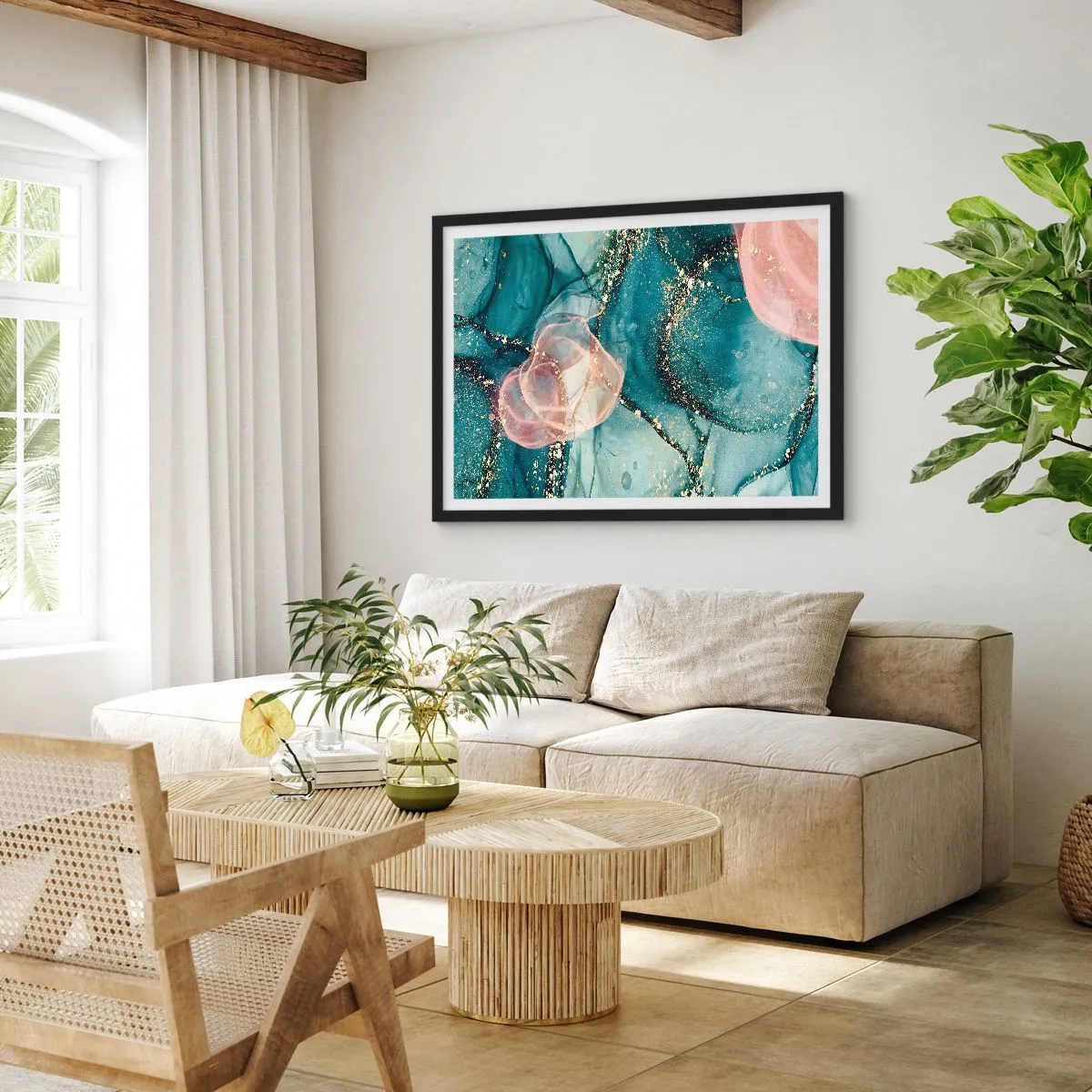 Poster in einem schwarzem Rahmen - Eine abstrakte Komposition in Türkis- und Goldtönen. - 70x50cm - Seidenblau, Tüllrosa - Moderne Wanddekoration für Wohnzimmer und Schlafzimmer ARTTOR