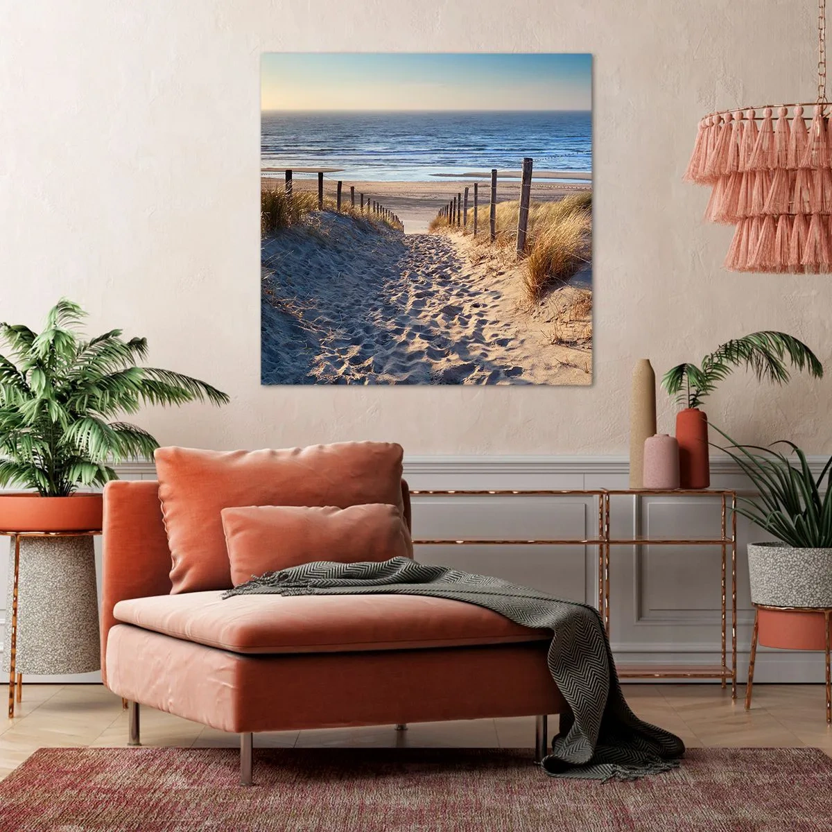 Bild auf Leinwand - Leinwandbild - Das Rauschen des Meeres, der Gesang der Vögel, ein wilder Strand im Gras ... - 60x60 cm