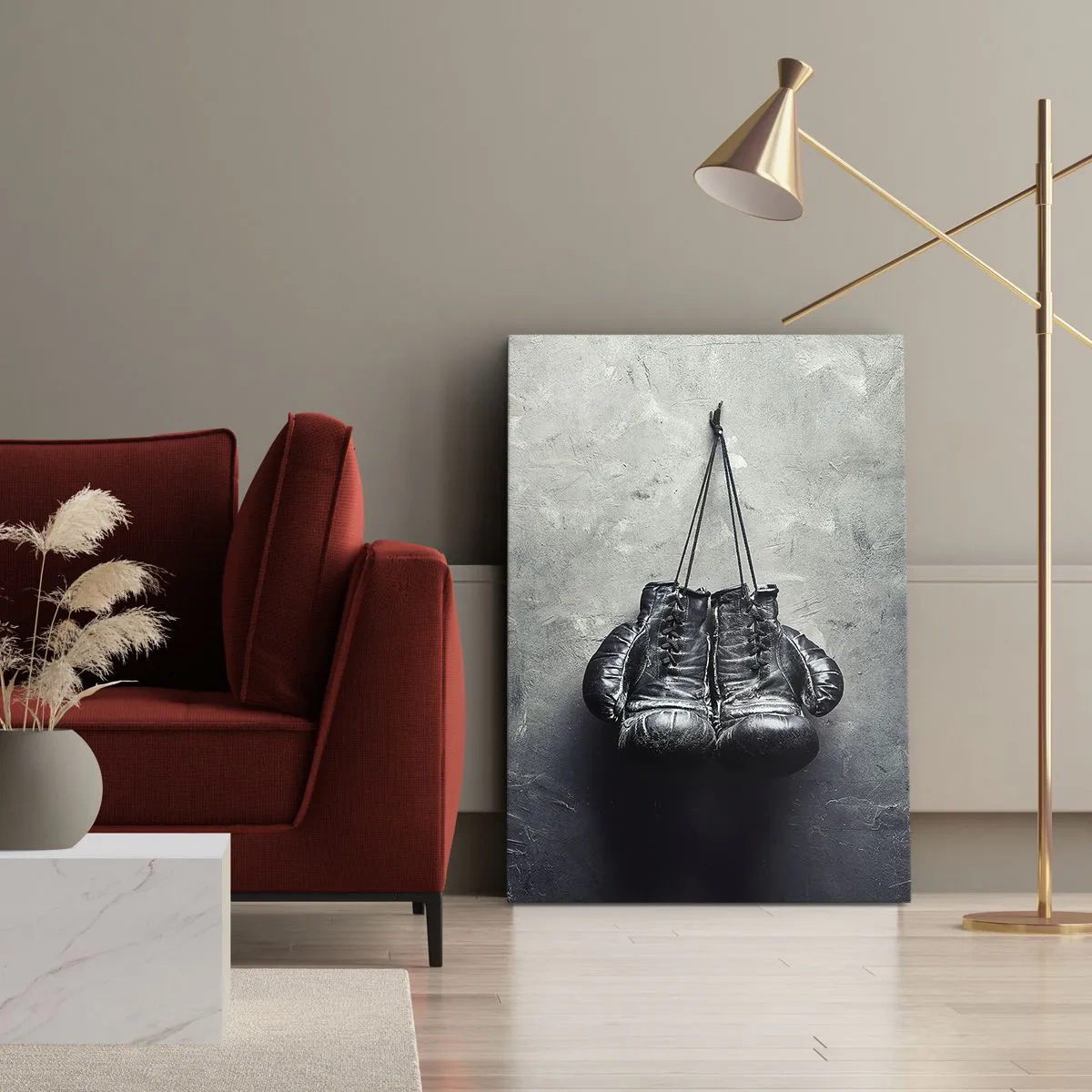 Bild auf Leinwand - Leinwandbild - Alte Boxhandschuhe an der Wand - 80x120cm - Zeit des Kampfes und Zeit des Friedens - Moderne Wanddekoration für Wohnzimmer und Schlafzimmer ARTTOR