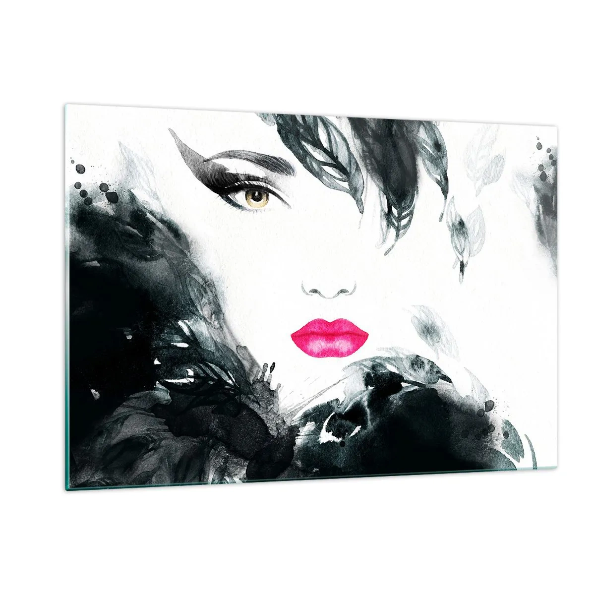 Glasbild - Bild auf glas - Porträt einer Frau mit rosa Lippen und schwarzen Akzenten - 120x80cm - Beachtung! Femme fatale - Moderne Wanddekoration für Wohnzimmer und Schlafzimmer ARTTOR