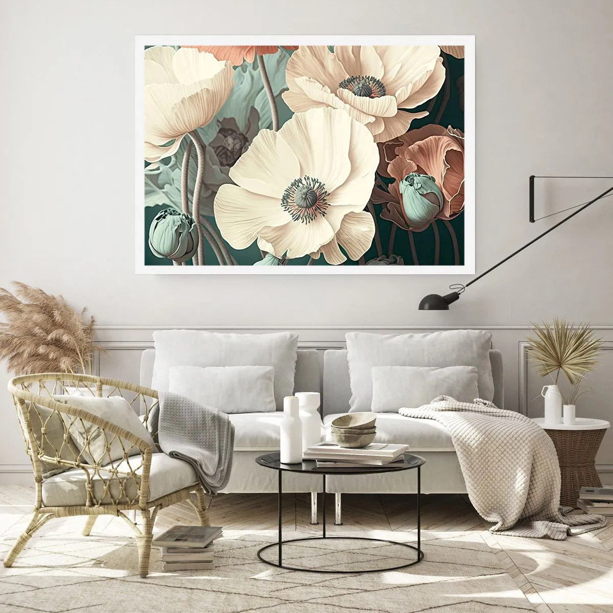 Poster - Elegante Blumen in Pastelltönen auf grünem Hintergrund - 100x70cm - Flüstern von Mohnblumen - Moderne Wanddekoration für Wohnzimmer und Schlafzimmer ARTTOR