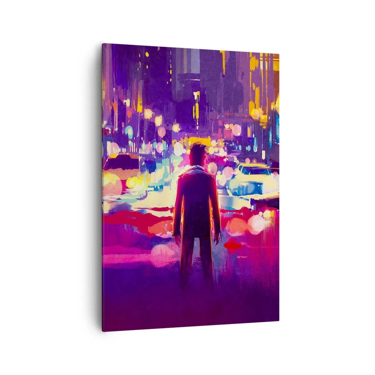 Bild auf Leinwand - Leinwandbild - Ein Mann in einer neonfarbenen Nachtszene einer Stadt - 70x100cm - Eingetaucht in das Licht - Moderne Wanddekoration für Wohnzimmer und Schlafzimmer ARTTOR