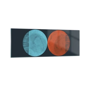 Glasbild - Bild auf glas - Minimalistisches Zweirad-Design in Blau und Orange - 140x50cm - Nur Geometrie? - Moderne Wanddekoration für Wohnzimmer und Schlafzimmer ARTTOR