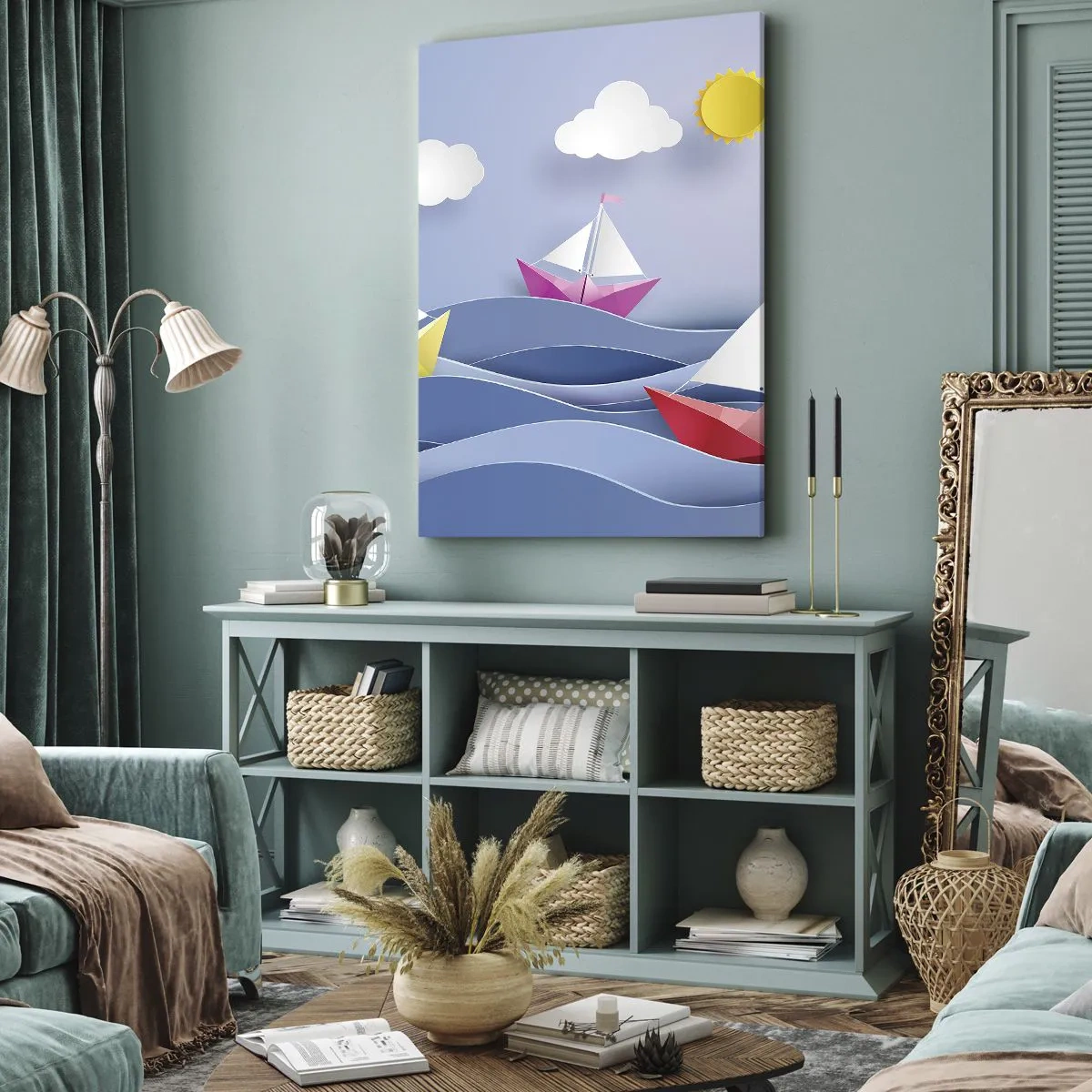 Bild auf Leinwand - Leinwandbild - Bunte Segelboote auf den Wellen an einem sonnigen Tag - 80x120cm - Ach, wie schön ist es, in den Wellen zu schwingen - Moderne Wanddekoration für Wohnzimmer und Schlafzimmer ARTTOR