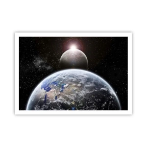 Poster - Planet Erde und Mond vor dem Hintergrund des sternenklaren Weltraums. - 100x70cm - Weltraumlandschaft - Sonnenaufgang - Moderne Wanddekoration für Wohnzimmer und Schlafzimmer ARTTOR