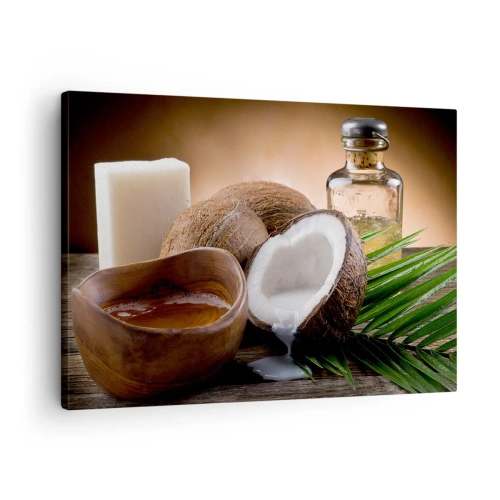 Bild auf Leinwand - Leinwandbild - Kokosnüsse, Kerze und Öl auf einem hölzernen Hintergrund - 70x50cm - Gesundheit von tropischen Inseln - Moderne Wanddekoration für Wohnzimmer und Schlafzimmer ARTTOR