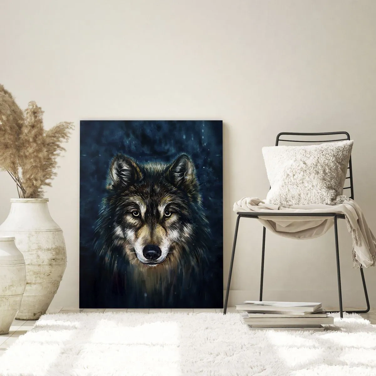 Glasbild - Bild auf glas - Porträt eines Wolfes auf dunkelblauem Hintergrund - 70x100cm - Alpha? Und Omega - Moderne Wanddekoration für Wohnzimmer und Schlafzimmer ARTTOR