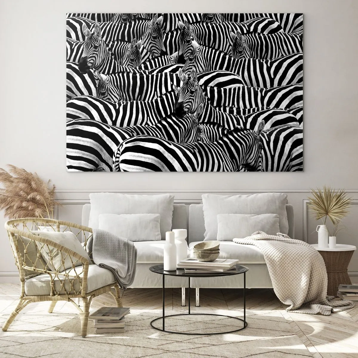 Glasbild - Bild auf glas - Eine Herde Zebras in Monochrom - 120x80cm - Gestreiftes Gruppenportrait - Moderne Wanddekoration für Wohnzimmer und Schlafzimmer ARTTOR