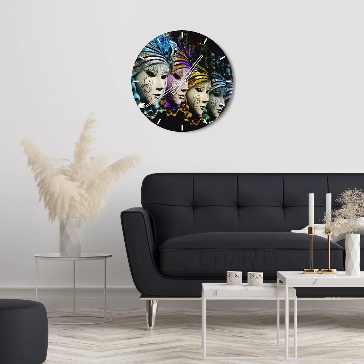 Wanduhr - Glasuhr - Bunte Karnevalsmasken mit Glitzerverzierungen - 30x30cm - Geheimnis in Gold und Silber - Moderne Wanddekoration für Wohnzimmer, Küche und Schlafzimmer ARTTOR