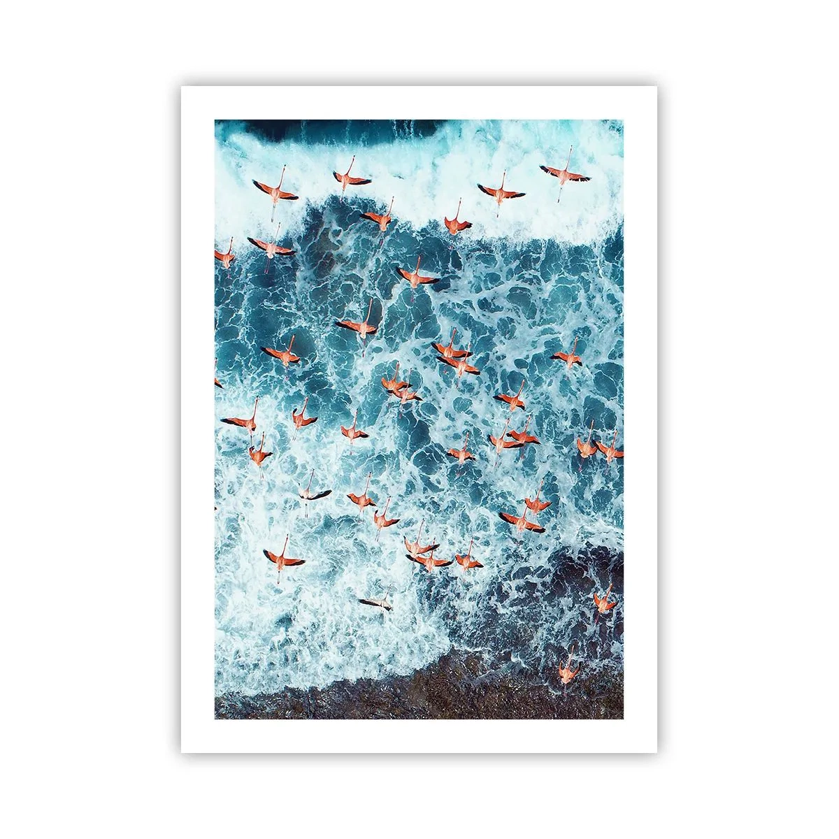 Poster - Flamingos über den Meereswellen in intensiven Farben - 50x70cm - Die Küstenparade - Moderne Wanddekoration für Wohnzimmer und Schlafzimmer ARTTOR