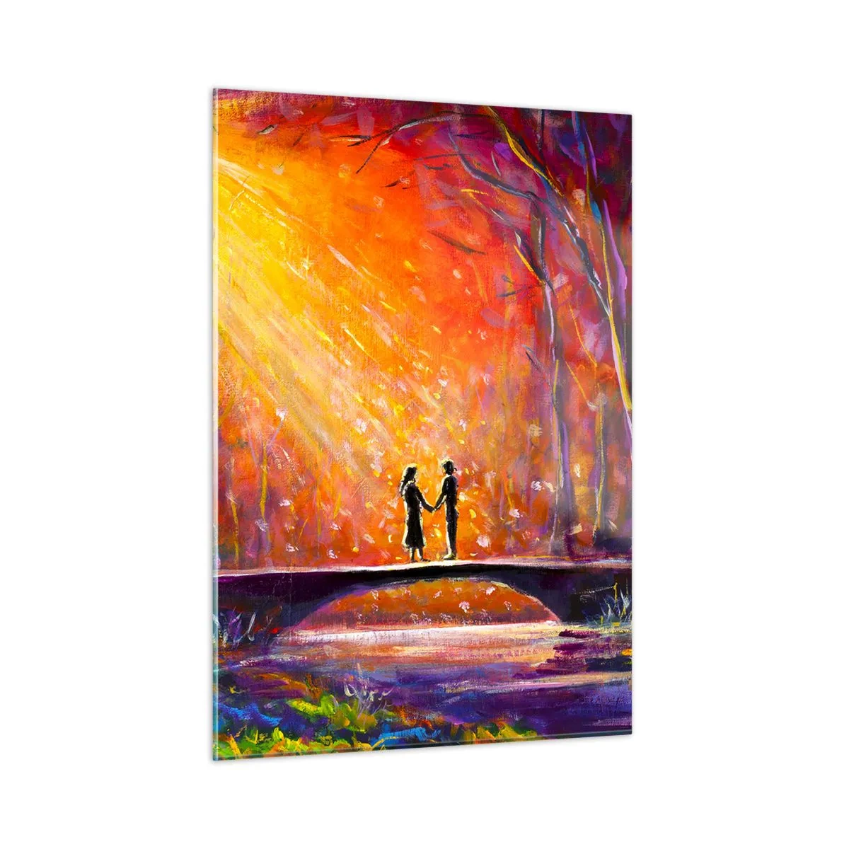 Glasbild - Bild auf glas - Ein Paar auf einer Brücke im Licht der untergehenden Sonne, umgeben von Bäumen. - 50x70cm - Der Himmel liebt sie auch - Moderne Wanddekoration für Wohnzimmer und Schlafzimmer ARTTOR