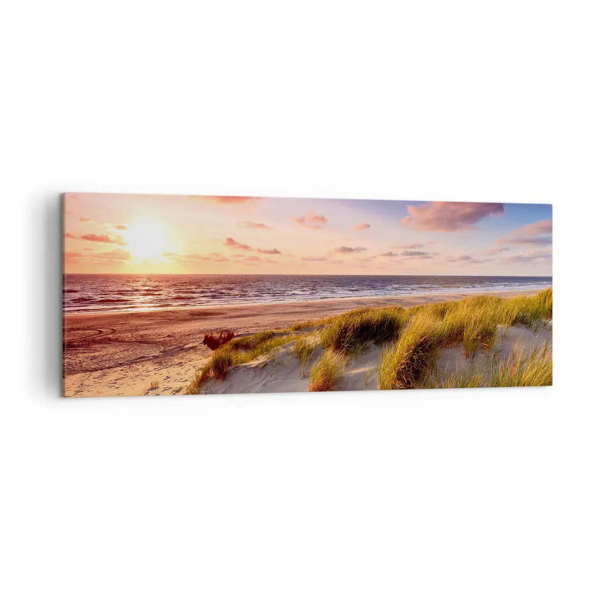 Bild auf Leinwand - Leinwandbild - Ein grasbewachsener Strand und ein Sonnenuntergang über einem ruhigen Meer - 140x50cm - Die Luft riecht schon im Sommer - Moderne Wanddekoration für Wohnzimmer und Schlafzimmer ARTTOR