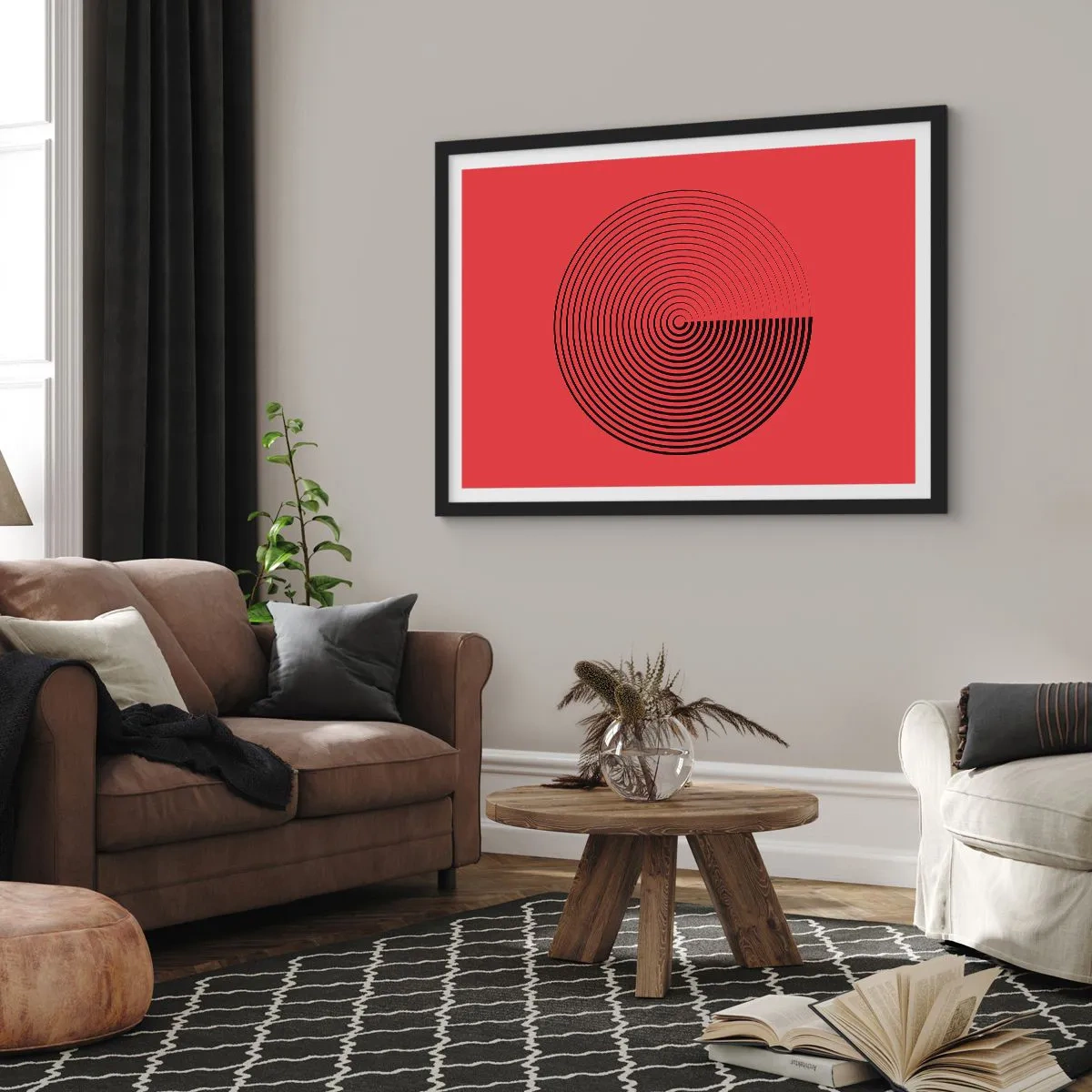 Poster in einem schwarzem Rahmen - Konzentrische Kreise auf rotem Hintergrund - 100x70cm - Kreisbewegung - Moderne Wanddekoration für Wohnzimmer und Schlafzimmer ARTTOR