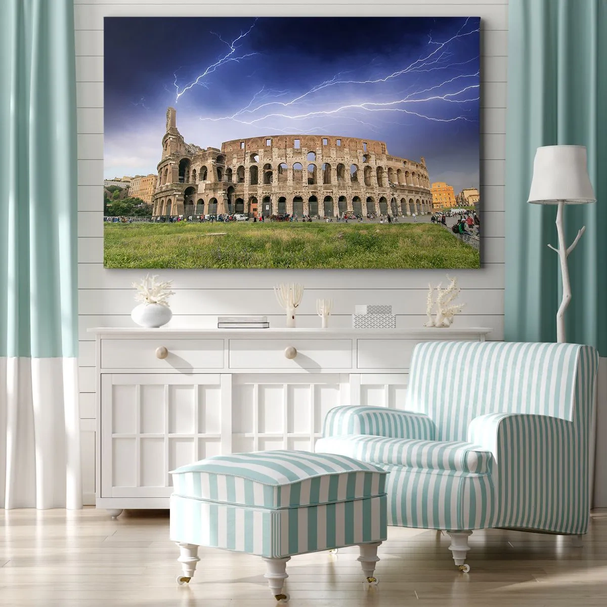 Bild auf Leinwand - Leinwandbild - Das Kolosseum in Rom wird vom Blitz erleuchtet - 70x50cm - Kampfarena - Moderne Wanddekoration für Wohnzimmer und Schlafzimmer ARTTOR