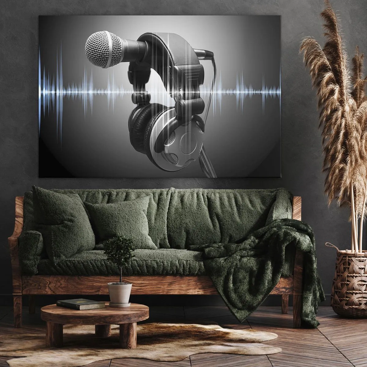 Bild auf Leinwand - Leinwandbild - Mikrofon und Kopfhörer mit Schallwellenvisualisierung im Hintergrund - 120x80cm - Du kannst immer noch den Gesang hören - Moderne Wanddekoration für Wohnzimmer und Schlafzimmer ARTTOR