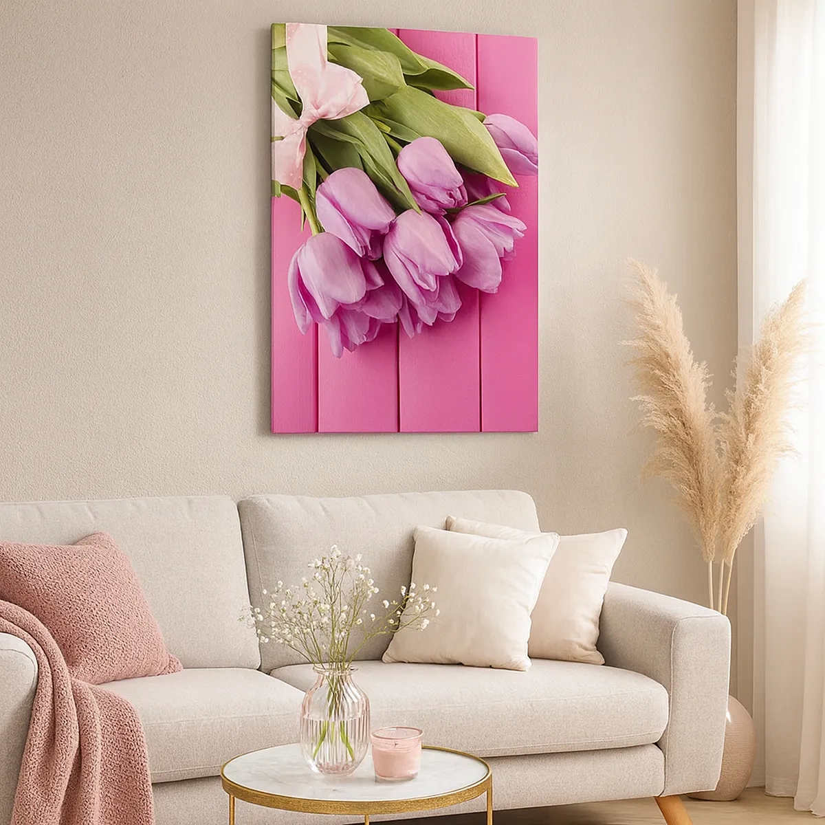 Bild auf Leinwand - Leinwandbild - Ein Strauß rosa Tulpen mit Schleife auf rosa Hintergrund - 50x70cm - Nur für dich - Moderne Wanddekoration für Wohnzimmer und Schlafzimmer ARTTOR