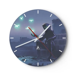 Wanduhr - Glasuhr - Eine Figur im Dunkeln mit Neonvögeln im Hintergrund - 30x30cm - Das Leben wird zurückkommen - Moderne Wanddekoration für Wohnzimmer, Küche und Schlafzimmer ARTTOR