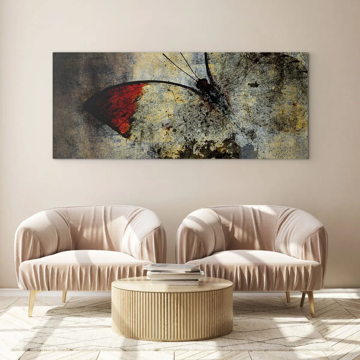 Glasbild - Bild auf glas - Ein Schmetterling in Rot- und Grautönen auf strukturiertem Hintergrund - 160x50cm - Pass auf, bevor ich verschwinde - Moderne Wanddekoration für Wohnzimmer und Schlafzimmer ARTTOR