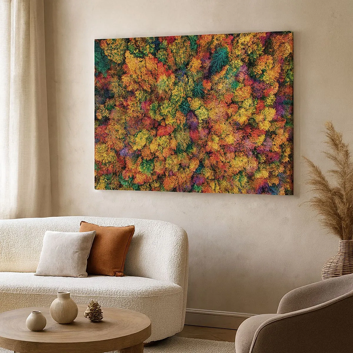 Bild auf Leinwand - Leinwandbild - Bunte Baumkronen in der Herbstpalette - 70x50cm - Blumenstrauß aus Herbstbäumen - Moderne Wanddekoration für Wohnzimmer und Schlafzimmer ARTTOR