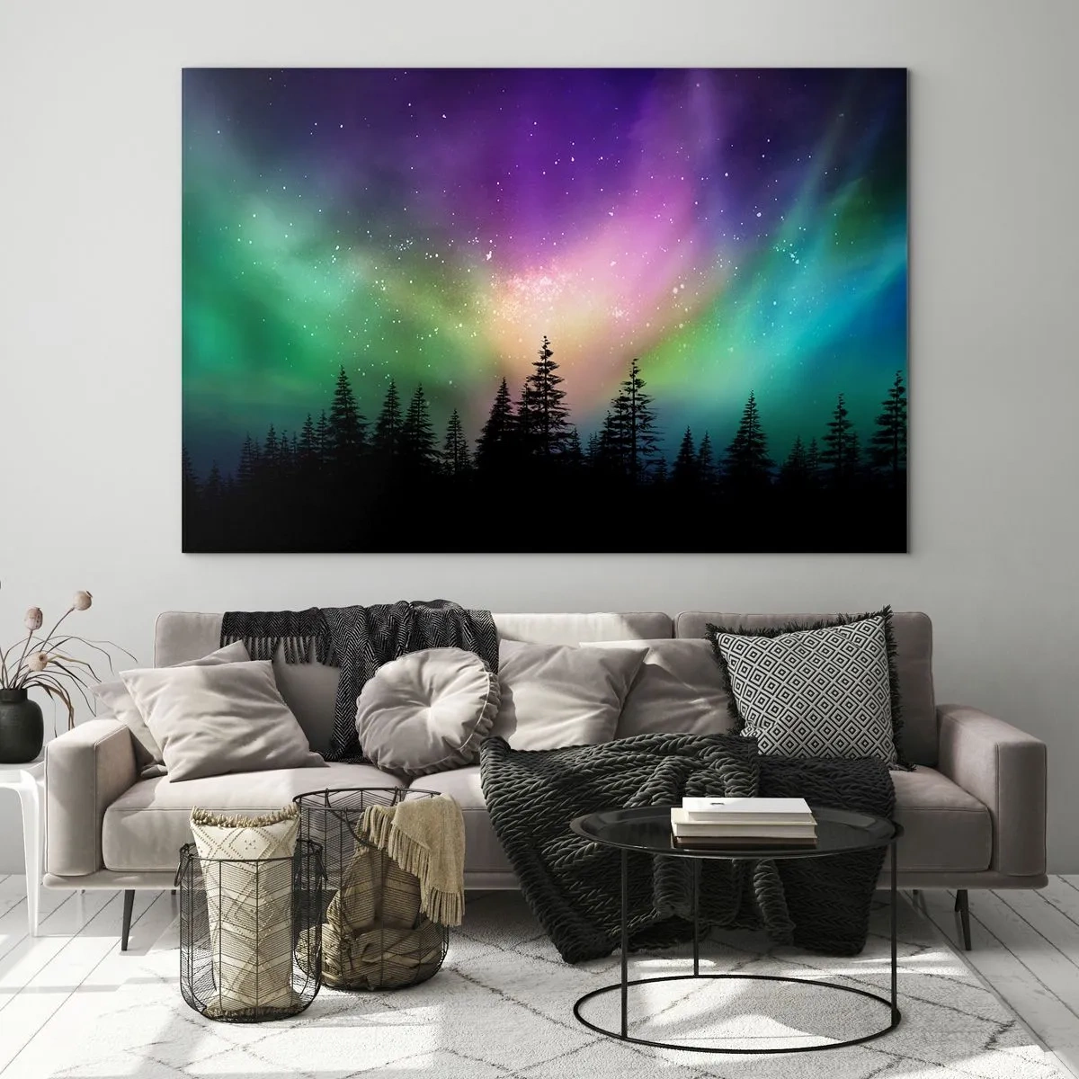 Glasbild - Bild auf glas - Wald bei Nacht unter den bunten Nordlichtern - 70x50cm - weiße Magie - Moderne Wanddekoration für Wohnzimmer und Schlafzimmer ARTTOR