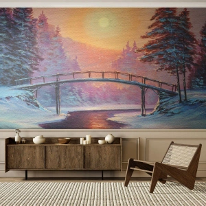 Selbstklebende Fototapete Deluxe Sticker - Vier Jahreszeiten - Winter - Landschaft, Fluss, Brücke - 100x70 cm