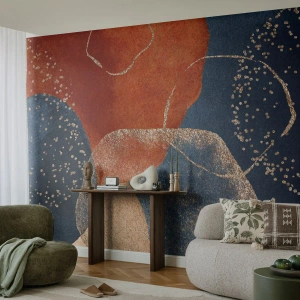 Fototapete Standard Eco - Abstrakte Punkte in Marineblau und Kupfer mit einem Hauch von Gold - 100x70cm - Die Leichtigkeit des Seins - Moderne Wanddekoration für Wohnzimmer und Schlafzimmer ARTTOR