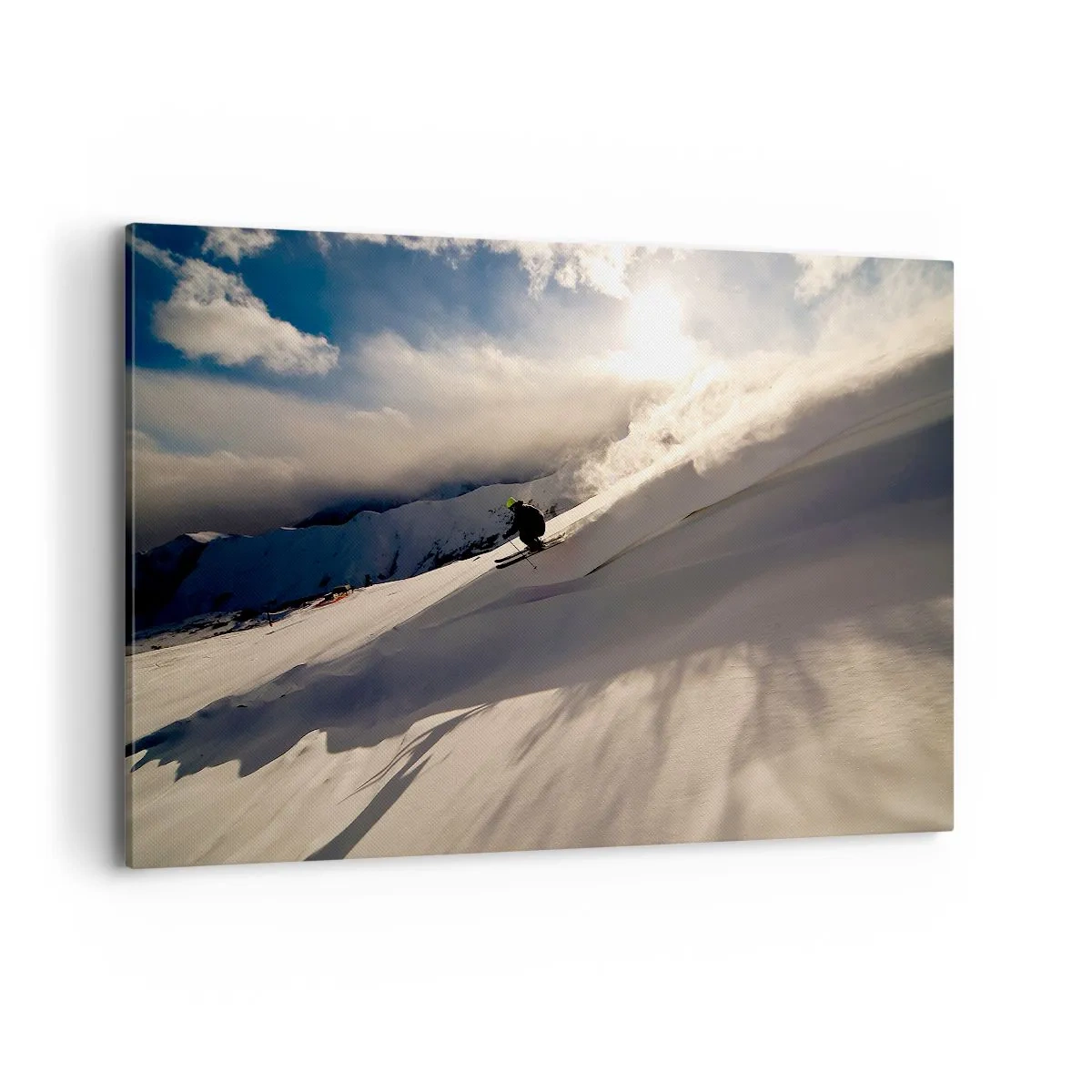 Bild auf Leinwand - Leinwandbild - Ein Skifahrer auf einer Piste, umgeben von Bergen und Schnee - 100x70cm - Bergherausforderung angenommen - Moderne Wanddekoration für Wohnzimmer und Schlafzimmer ARTTOR