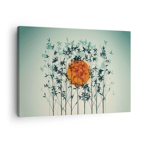 Bild auf Leinwand - Leinwandbild - Orange Sonne zwischen den Bambuszweigen - 70x50cm - Japanische Sonne - Moderne Wanddekoration für Wohnzimmer und Schlafzimmer ARTTOR