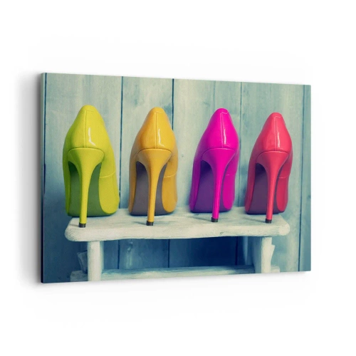 Bild auf Leinwand - Leinwandbild - Bunte High Heels vor einer Holzwand - 100x70cm - Spazierengehen auf dem Regenbogen - Moderne Wanddekoration für Wohnzimmer und Schlafzimmer ARTTOR