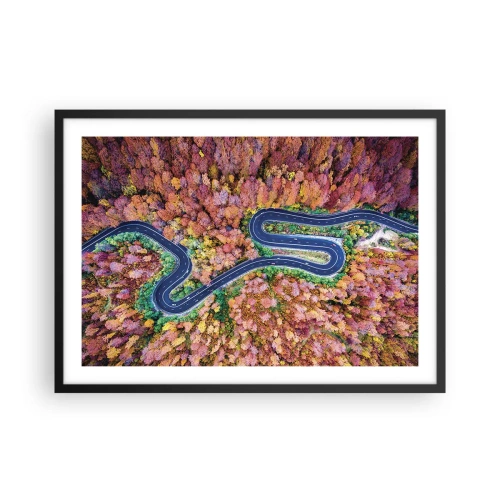 Poster in einem schwarzem Rahmen - Eine kurvenreiche Straße in einem herbstlichen Wald aus der Vogelperspektive gesehen - 70x50cm - Kurvenreicher Weg durch den Wald - Moderne Wanddekoration für Wohnzimmer und Schlafzimmer ARTTOR
