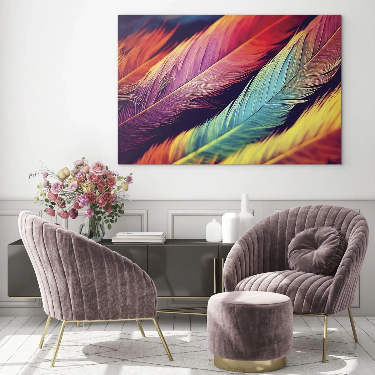 Glasbild - Bild auf glas - Bunte Federn in intensiven Regenbogentönen - 70x50cm - Gefiederter Regenbogen - Moderne Wanddekoration für Wohnzimmer und Schlafzimmer ARTTOR