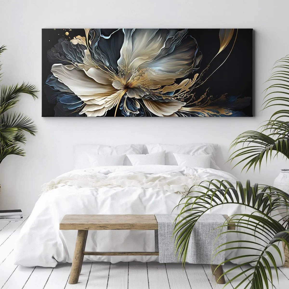 Bild auf Leinwand - Leinwandbild - Eine Blume in Gold- und Marineblautönen auf schwarzem Hintergrund - 120x50cm - Märchenhafte Farnblume - Moderne Wanddekoration für Wohnzimmer und Schlafzimmer ARTTOR