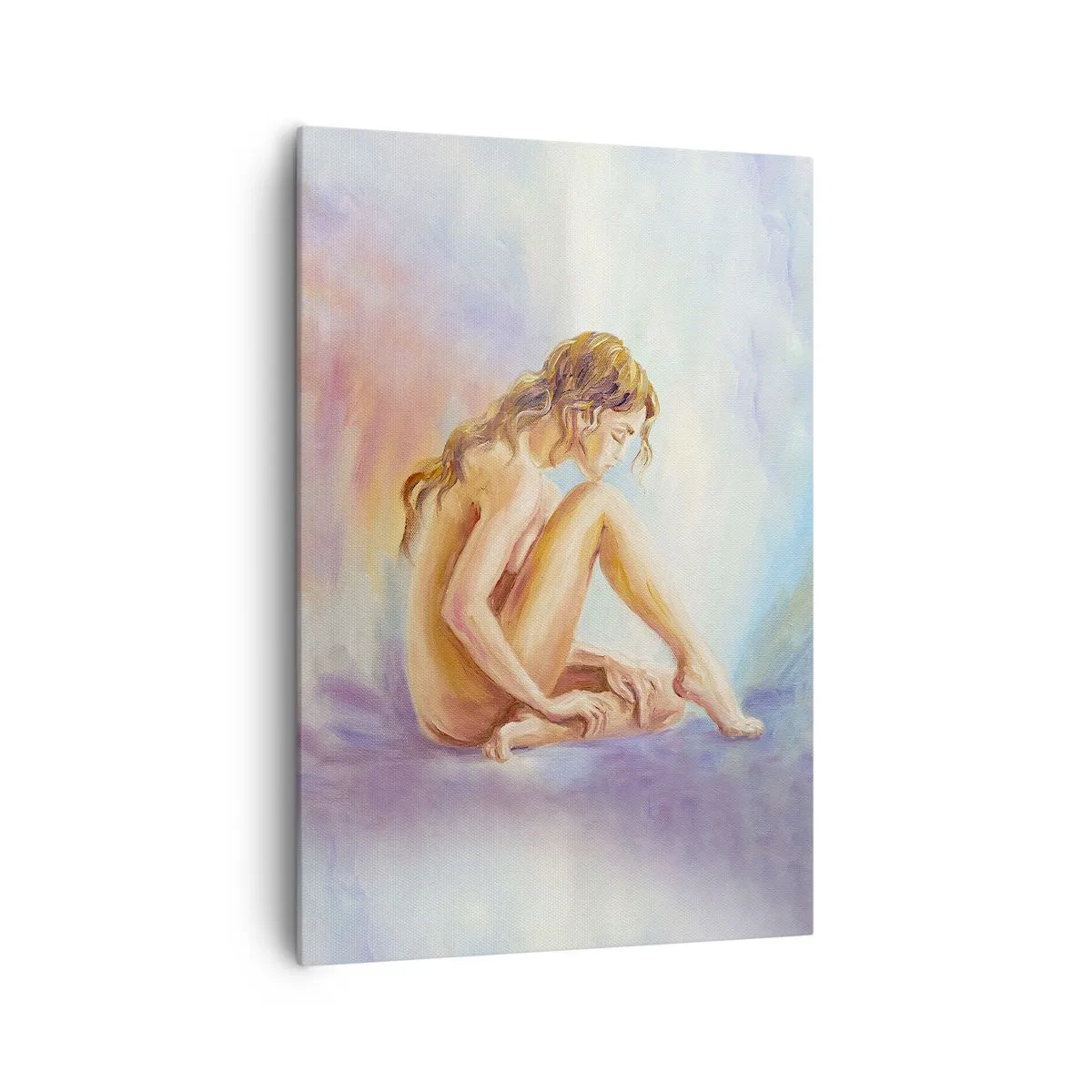 Bild auf Leinwand - Leinwandbild - Eine zarte Figur einer Frau auf einem pastellfarbenen Hintergrund - 70x100cm - Akt der Jugend - Moderne Wanddekoration für Wohnzimmer und Schlafzimmer ARTTOR