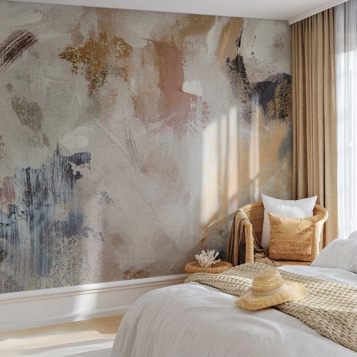 Fototapete Premium Sand - Eine verschwommene Abstraktion in Beige-, Braun- und Blautönen - 100x70cm - Neblige Abstraktion - Moderne Wanddekoration für Wohnzimmer und Schlafzimmer ARTTOR