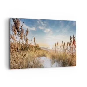 Bild auf Leinwand - Leinwandbild - Ein malerischer Strand mit Gras und untergehender Sonne - 100x70cm - Nordstrand - Moderne Wanddekoration für Wohnzimmer und Schlafzimmer ARTTOR